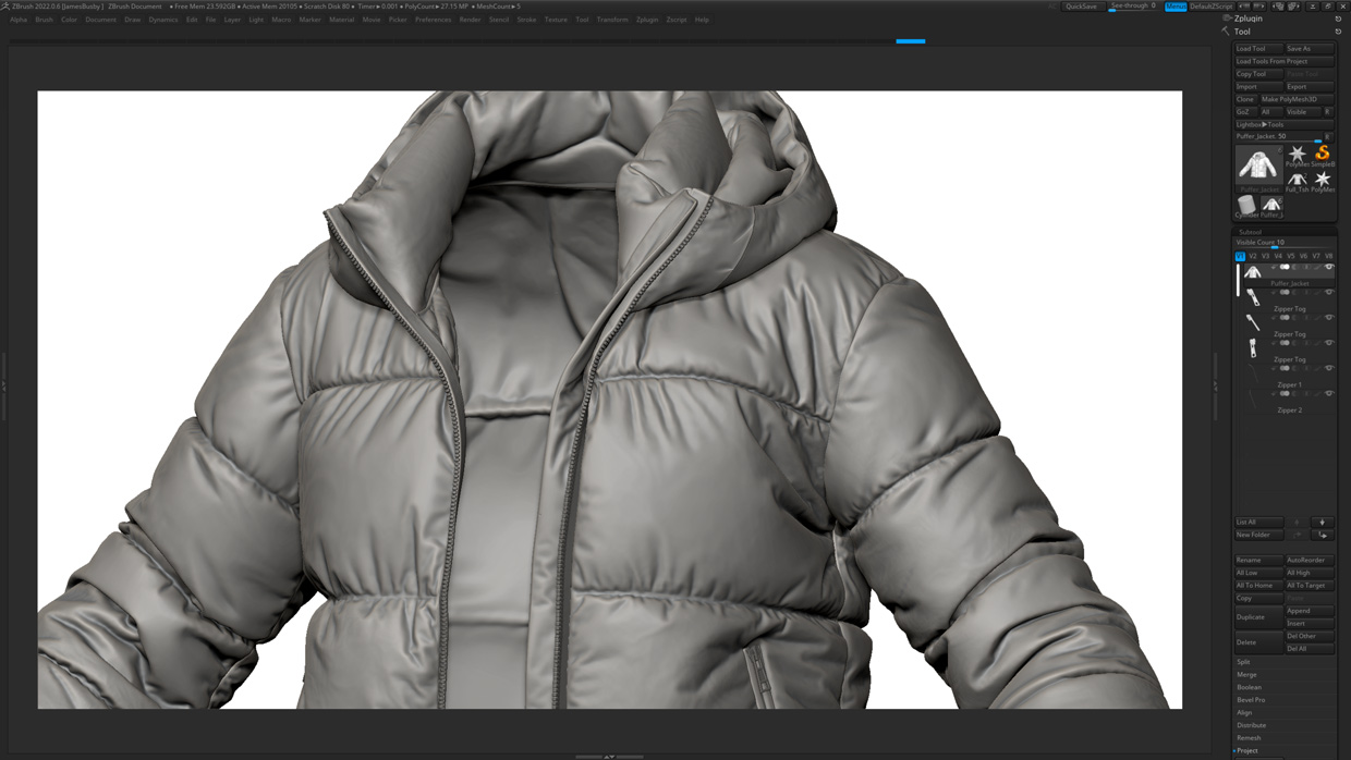 Close-up ZBrush view of female puffer jacket 3D model detailing seams and folds